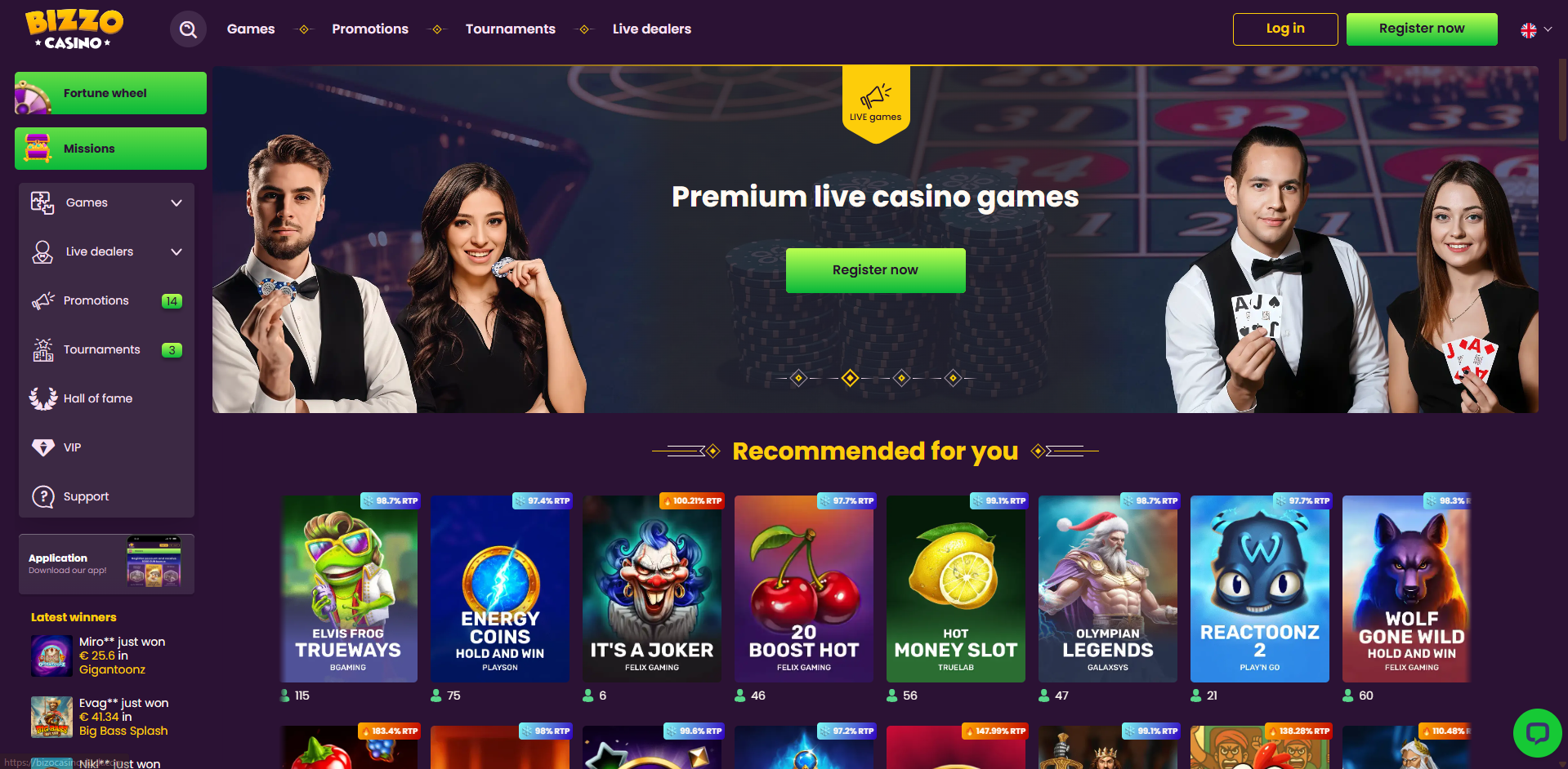 Bizzo Casino uradna stran z dobrodošličnim bonusom